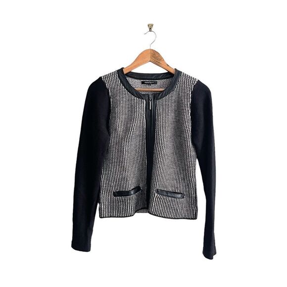 Nanette Lepore Jacket Knit Black White Zip Leather Trim Women's M Cardigan - Picture 1 of 8